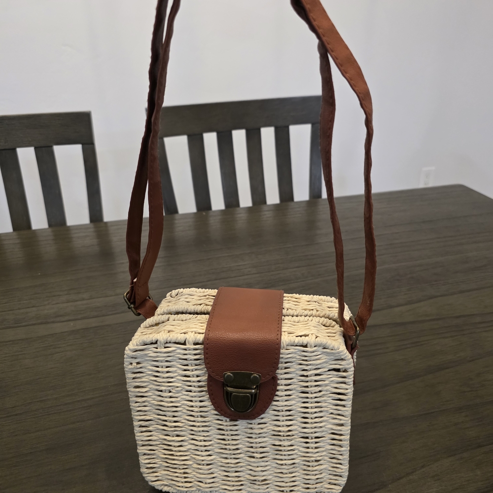 Mini Stylish Cream and Brown Woven Crossbody Bag - Picture 12 of 12
